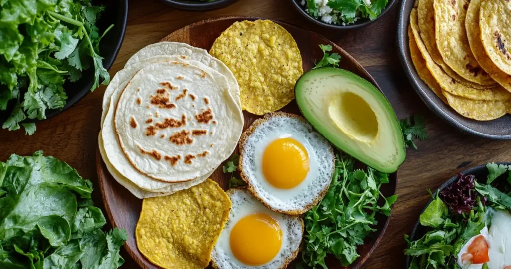 A variety of keto-friendly tortillas made from almond flour, coconut flour, and egg-based recipes, perfect for low-carb meals. The scene includes fresh ingredients like avocado and greens, with tacos served on the side.