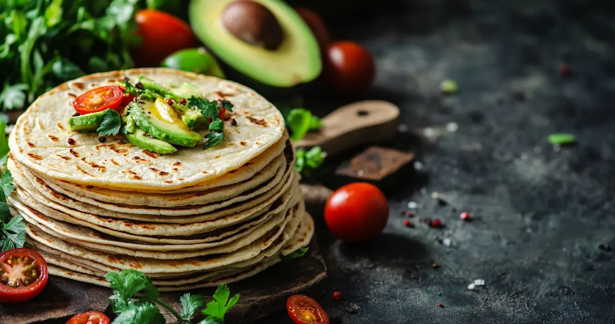 A close-up of a stack of keto-friendly corn tortillas on a wooden table, surrounded by healthy keto ingredients like avocado, chicken, and fresh vegetables, emphasizing the versatility of corn tortillas in a low-carb diet.