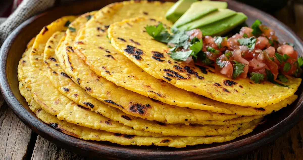 A plate of keto-friendly corn tortillas filled with fresh toppings like avocado, salsa, and grilled chicken, perfect for a low-carb, guilt-free taco night.