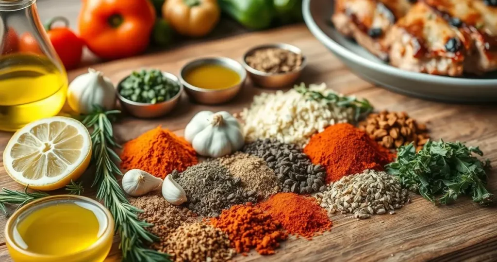 An array of vibrant spices and herbs for lamb seasoning, including rosemary, garlic, cumin, coriander, paprika, and thyme, artfully arranged on a rustic wooden table alongside olive oil and lemon slices, with a backdrop of fresh vegetables and a hint of cooked lamb in the corner.