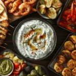 What are 5 delicious dishes that you could put tzatziki on? Explore this image for ideas including grilled chicken, falafel, roasted vegetables, pita bread and grilled shrimp.