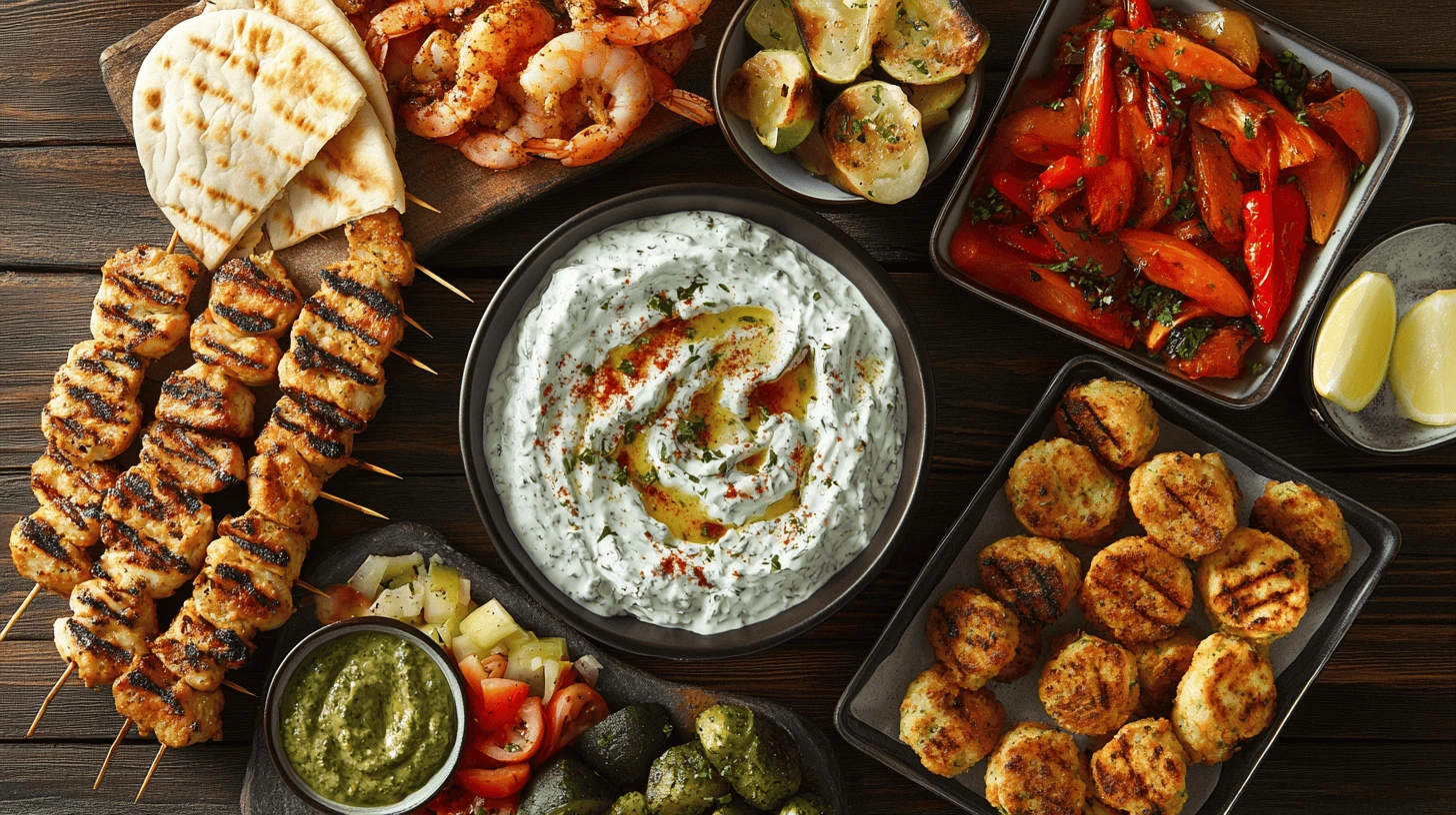 What are 5 delicious dishes that you could put tzatziki on? Explore this image for ideas including grilled chicken, falafel, roasted vegetables, pita bread and grilled shrimp.