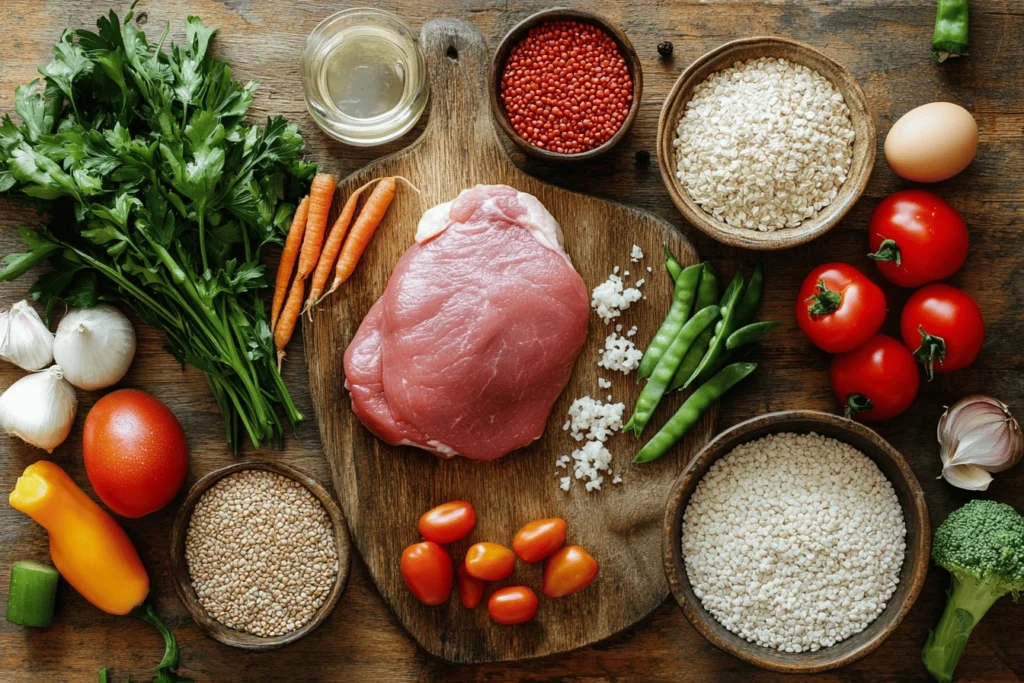 Top-down view of a healthy meal showcasing what additions to a recipe's ingredients for better nutrition such as whole grains, fresh vegetables, and lean protein.