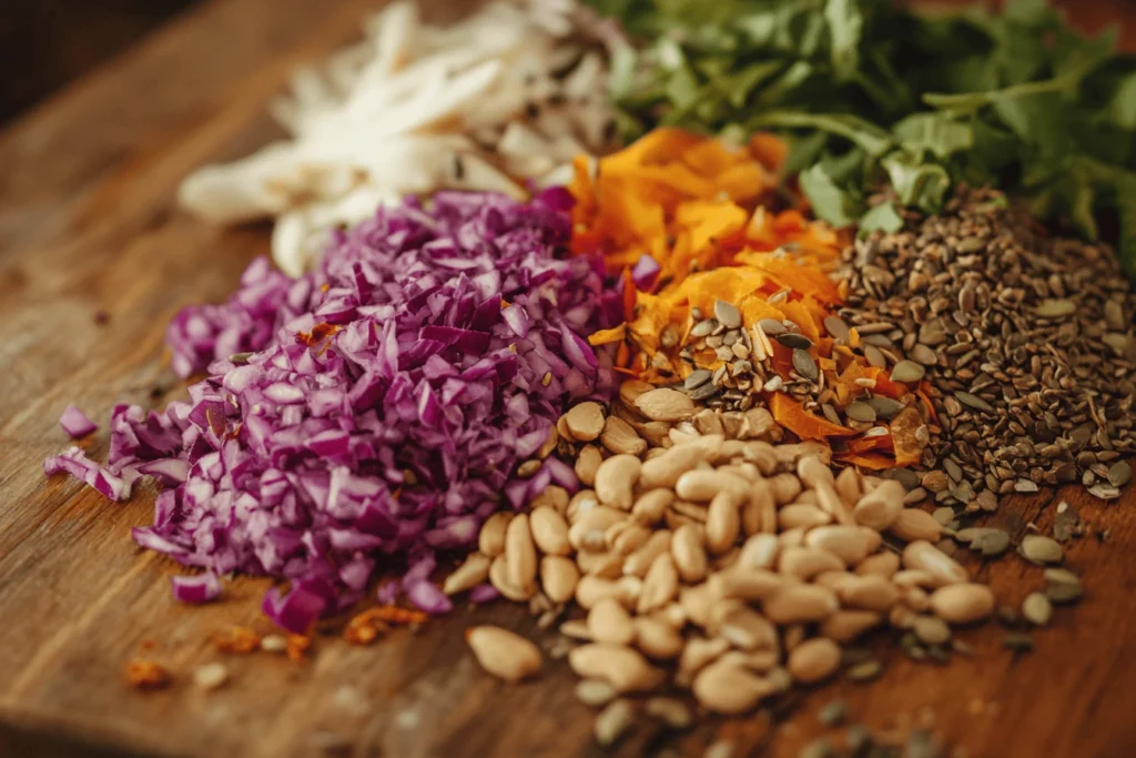 A close-up view of a colorful salad showing what additions to a recipe's ingredients for better nutrition, including a variety of fresh vegetables, nuts, and seeds.