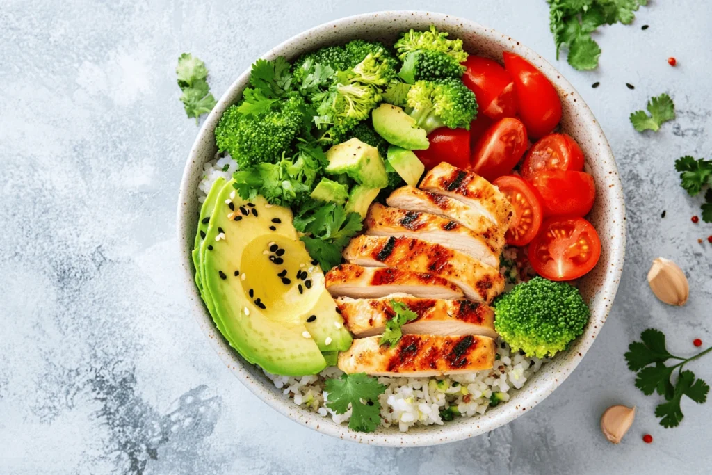 Top-down view of a bowl showcasing a natural mounjaro recipe with 4 ingredients: grilled chicken, broccoli, avocado, and herbs.