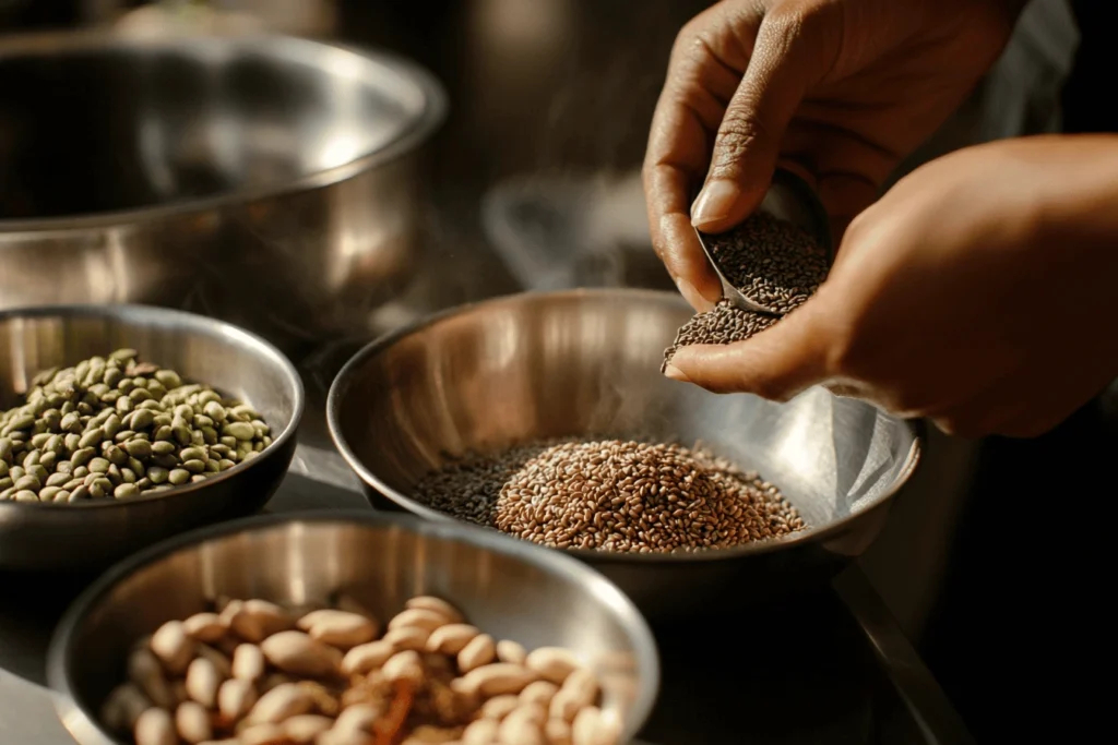 A person adding seeds and spices to a cooked meal, emphasizing what additions to a recipe's ingredients for better nutrition through active preparation.