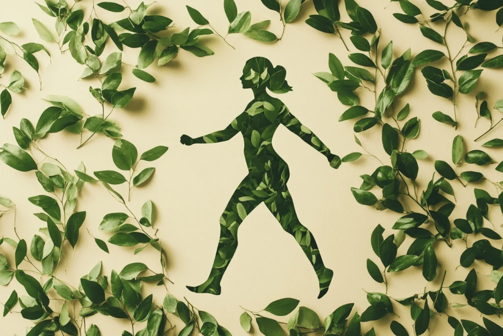 Does natural mounjaro really work? An abstract image of green leaves and a person exercising to illustrate healthy lifestyle concepts.