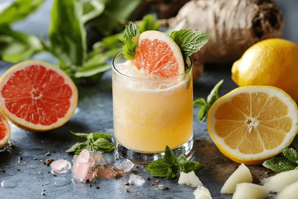 A beautifully styled photo of a natural monjouro drink with fresh ingredients illustrating how does natural monjouro drink work.