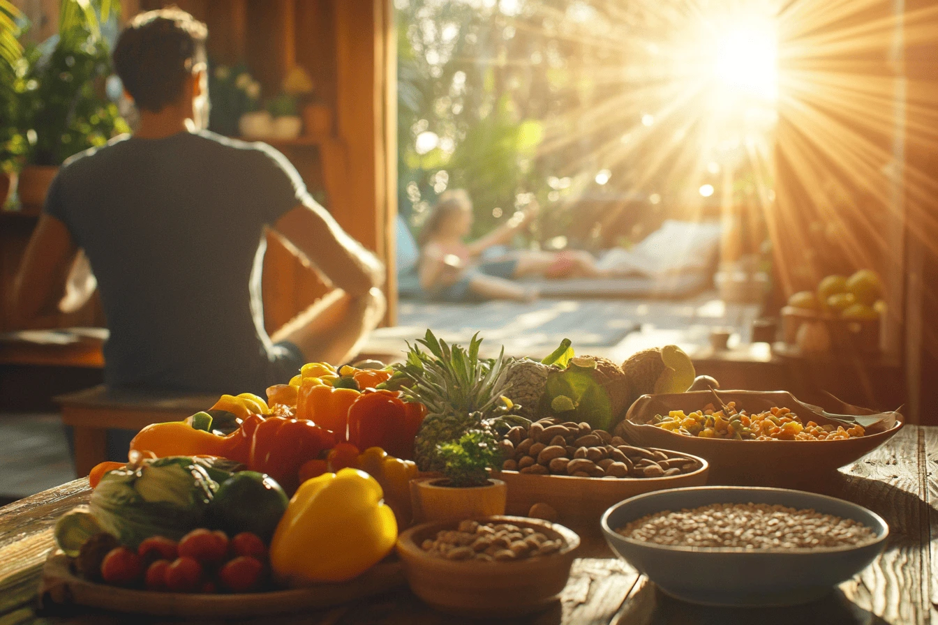 Does natural mounjaro really work? An image of fresh plant-based foods and a person practicing yoga, representing a holistic approach to health.