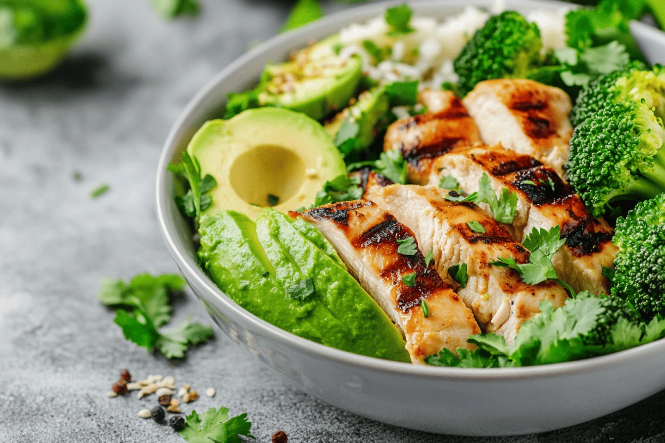 A bowl featuring a natural mounjaro recipe with 4 ingredients, including grilled chicken, broccoli, avocado, and fresh herbs.