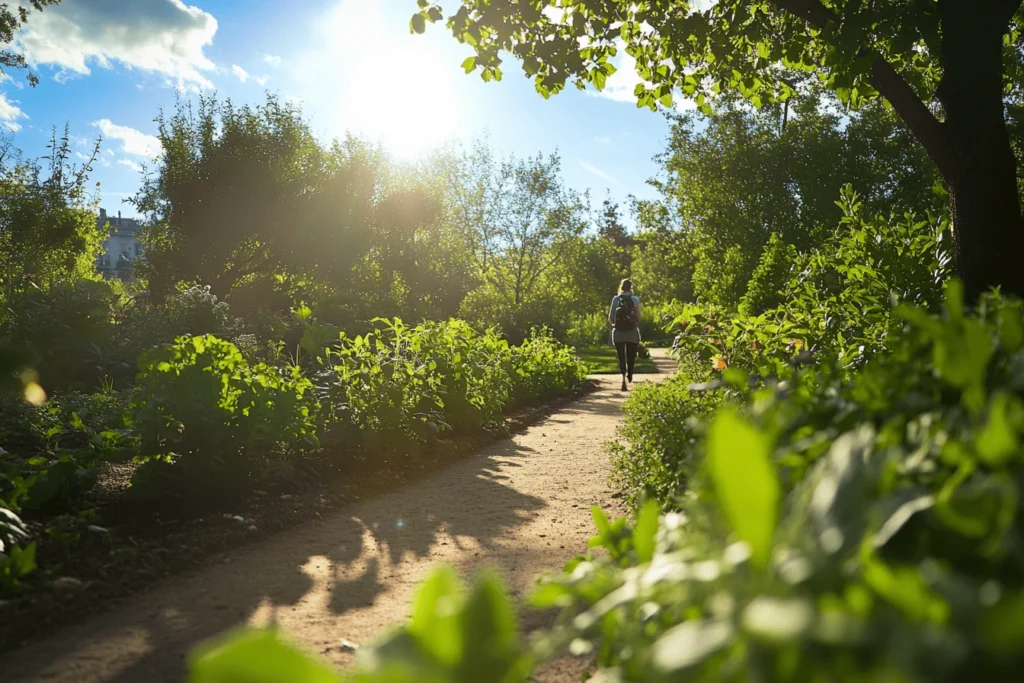 Does natural mounjaro really work? A person walking in a park next to fresh plants, symbolizing a healthy lifestyle.