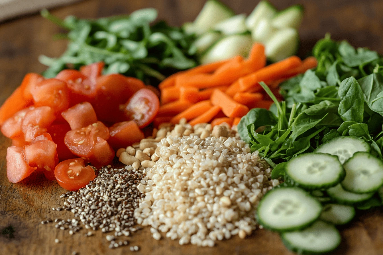 A colorful assortment of what additions to a recipe's ingredients for better nutrition, including fresh vegetables, whole grains, nuts, and seeds.