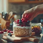 A cozy kitchen scene with a jar of overnight oats placed on a countertop. Fresh ingredients like oats, chia seeds, yogurt, and berries are scattered around the jar. A hand is adding fruit to the oats, highlighting the importance of balanced ingredient choices for a healthy breakfast. Soft natural light streams through a nearby window, creating a warm and inviting atmosphere.