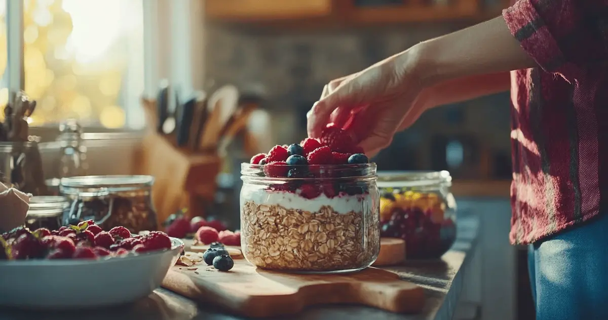 A cozy kitchen scene with a jar of overnight oats placed on a countertop. Fresh ingredients like oats, chia seeds, yogurt, and berries are scattered around the jar. A hand is adding fruit to the oats, highlighting the importance of balanced ingredient choices for a healthy breakfast. Soft natural light streams through a nearby window, creating a warm and inviting atmosphere.