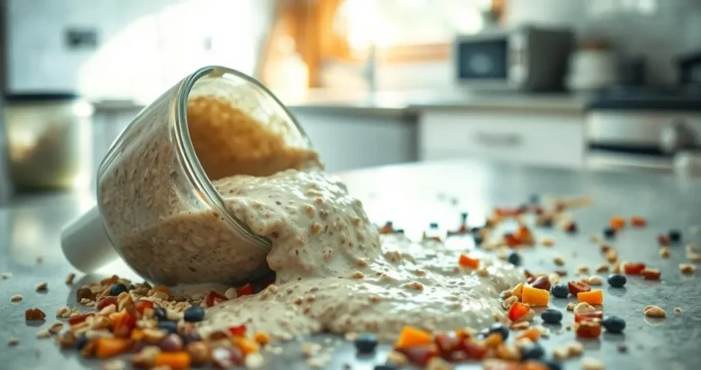 A messy kitchen counter with spilled overnight oats, overflowing bowl, and scattered toppings. The oats have a soupy, watery consistency, and the toppings are haphazardly strewn about. In the background, blurry kitchen appliances and a window with the morning light streaming in, creating a soft, natural illumination. The scene conveys a sense of chaos and a cautionary tale about the potential pitfalls of preparing overnight oats. The image should evoke a feeling of "don't do this" to illustrate the section on what not to do when making overnight oats.