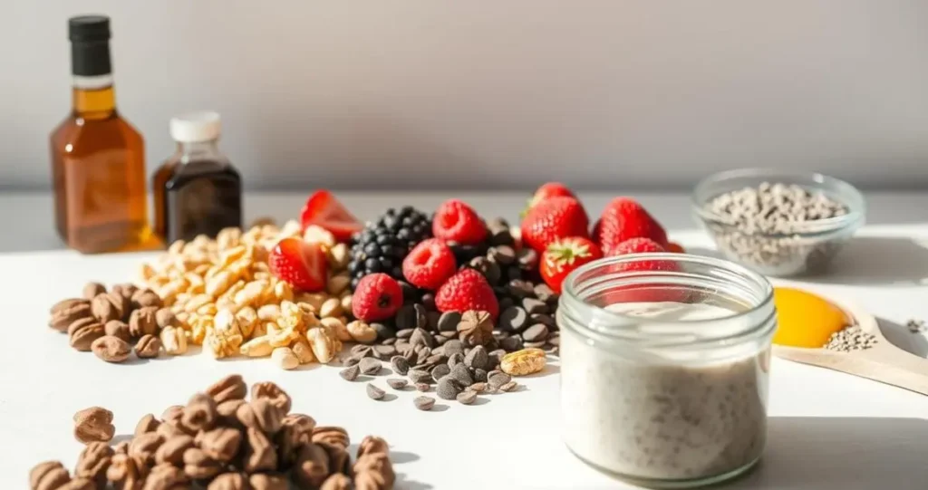 A neatly arranged assortment of overnight oats ingredients to avoid, illuminated by soft, natural lighting and captured from a slightly elevated perspective. In the foreground, a selection of unhealthy add-ins such as sugary syrups, chocolate chips, and excessive nuts stand out against a clean, minimalist backdrop. The middle ground showcases wholesome, nutrient-dense alternatives like fresh berries, chia seeds, and a drizzle of honey, creating a visually appealing contrast. The background features a neutral, slightly blurred surface, allowing the focus to remain on the key ingredients and their relative placement.