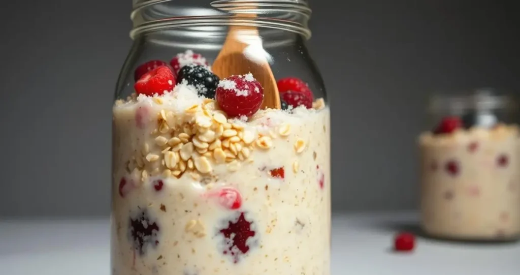 A close-up view of a disastrous overnight oats creation, showcasing various ruinous ingredients haphazardly combined in a clear glass jar against a plain backdrop. In the foreground, a thick, gloppy mixture of oatmeal, spoiled milk, unripe berries, and an excessive sprinkling of salt and sugar creates an unappetizing, curdled appearance, with some ingredients spilling over the sides. The middle ground features a wooden spoon, half-submerged in the unappetizing porridge, while the background is dimly lit, emphasizing the gloomy, unappealing nature of the failed dish. The overall scene conveys a sense of disappointment and wasted culinary effort, serving as a cautionary tale for those attempting overnight oats.