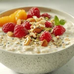 Close-up of a bowl of overnight oats topped with fresh berries, chia seeds, and almonds, accompanied by a glass of almond milk and a spoon, placed on a clean kitchen countertop with natural lighting, showcasing a healthy breakfast option.