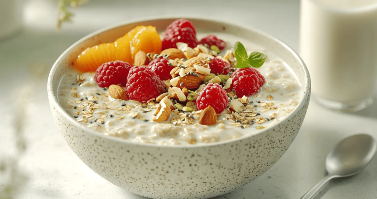 Close-up of a bowl of overnight oats topped with fresh berries, chia seeds, and almonds, accompanied by a glass of almond milk and a spoon, placed on a clean kitchen countertop with natural lighting, showcasing a healthy breakfast option.