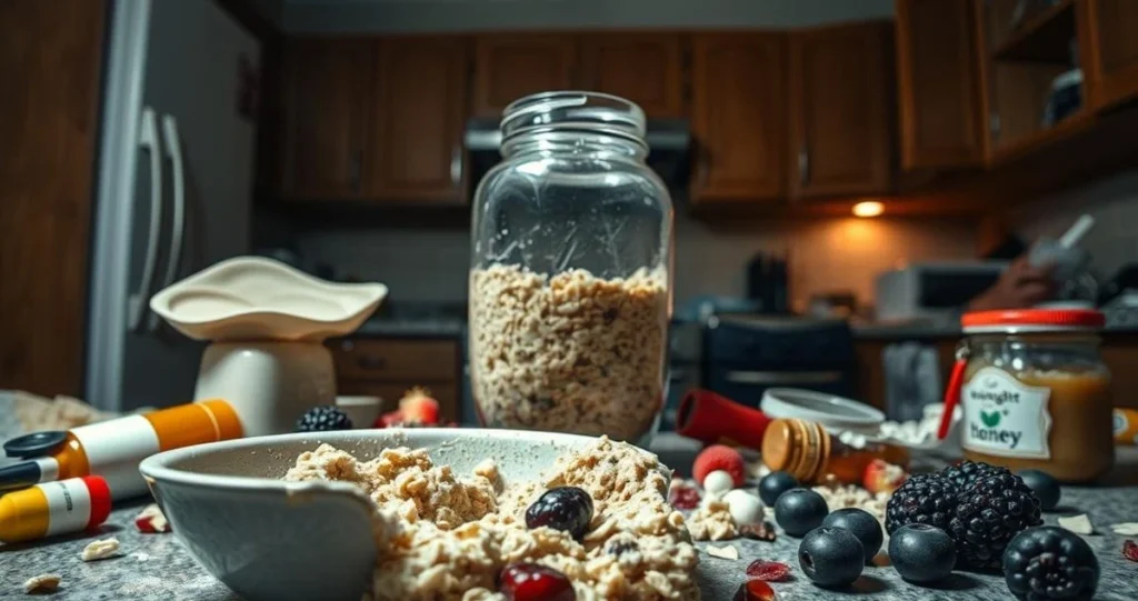 A messy breakfast scene depicting "overnight oats mistakes". In the foreground, a half-eaten bowl of mushy, watery oats sits on a cluttered kitchen counter. Surrounding the bowl are scattered toppings like unripe berries, curdled yogurt, and a spilled bottle of honey. In the middle ground, a cracked, stained glass jar labeled "overnight oats" stands tilted, its contents spilling out. The background shows a poorly lit, dim kitchen with haphazardly opened cabinets and drawers, conveying a sense of rushed, careless preparation. Harsh, overhead lighting casts unflattering shadows, and the overall scene is one of culinary disaster, highlighting the potential pitfalls of improperly made overnight oats.
