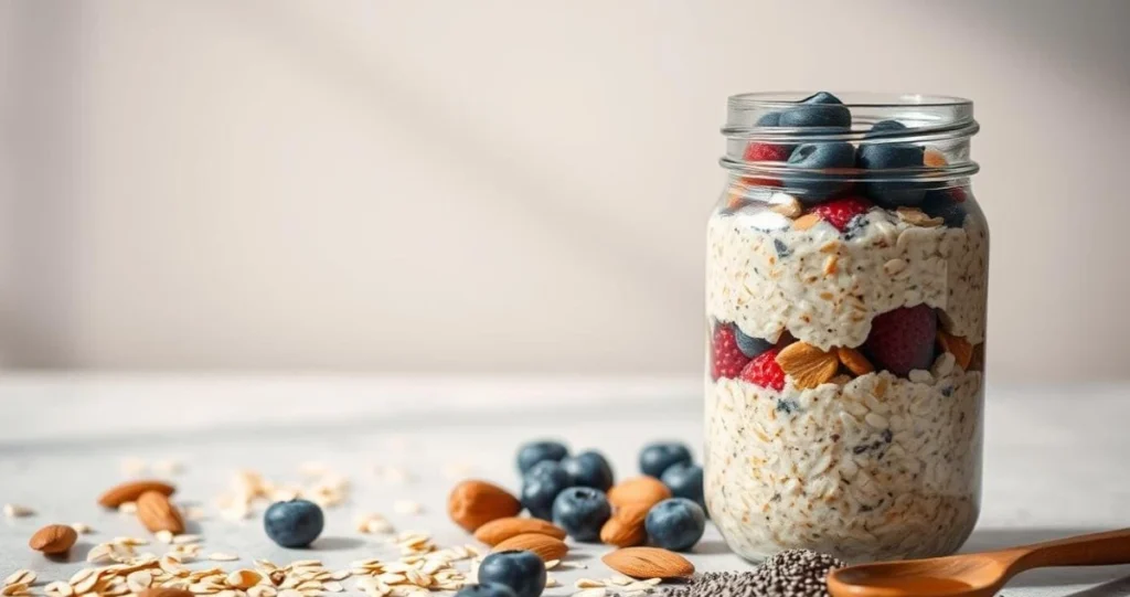 A visually appealing and informative image showcasing the nutritional benefits of overnight oats. In the foreground, a glass jar filled with a layered oat mixture, including oats, berries, nuts, and a drizzle of honey, set against a clean, minimalist background. The middle ground features a scattering of individual ingredients, such as whole oats, blueberries, almonds, and a spoonful of chia seeds, highlighting the key components. The background is softly lit, creating a warm, natural atmosphere, with subtle shadows adding depth and dimension. The image conveys a sense of healthfulness, simplicity, and the appealing texture and flavor of this nutritious breakfast option.