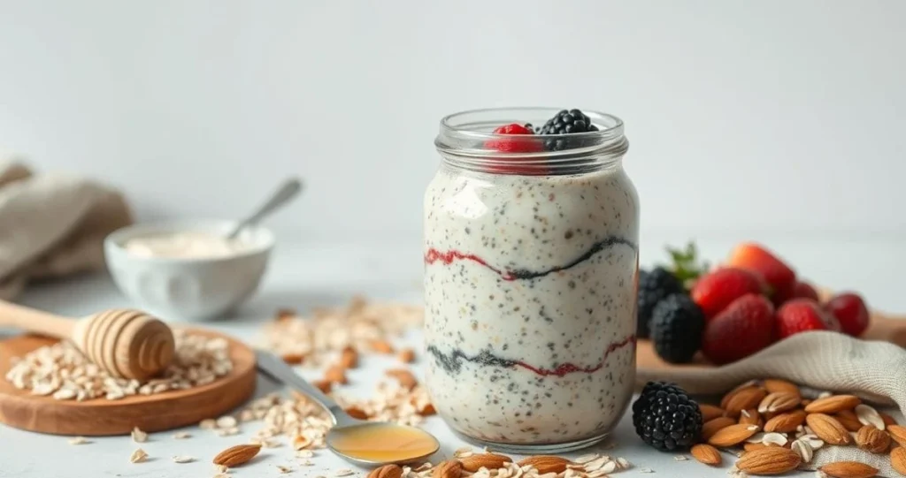 A neatly arranged still life of various overnight oats ingredients, photographed from above with natural lighting and a shallow depth of field. In the foreground, a glass mason jar filled with creamy oats, chia seeds, and fresh berries. Surrounding it, a scattering of rolled oats, sliced almonds, and a drizzle of honey. In the middle ground, a wooden board with a spoon and a small bowl of yogurt. In the background, blurred out, a minimalist white backdrop, creating a clean, modern aesthetic.